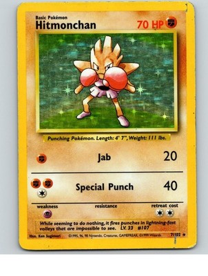Hitmonchan 7/102 Holo Rare Base Set Unlimited Pokemon Heavily Played
