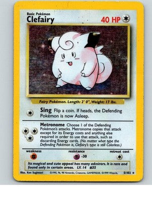 Clefairy 5/102 Holo Rare Base Set Unlimited Pokemon Lightly Played