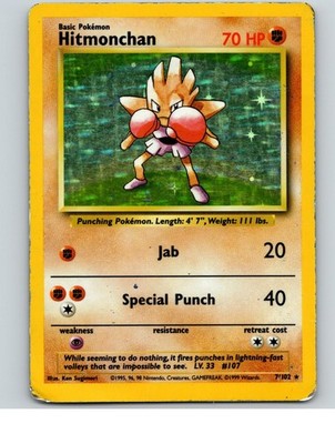 Hitmonchan 7/102 Holo Rare Base Set Unlimited Pokemon Moderately Played