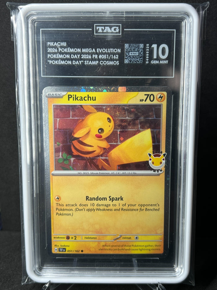 2026 Pikachu 051/162 Pokémon Day Stamped Cosmos Holo Promo TAG 10 w/ Guard